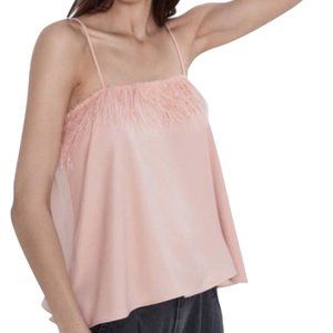 Zara Light Pink Flowy Cami Tank Feather Trim Neckline